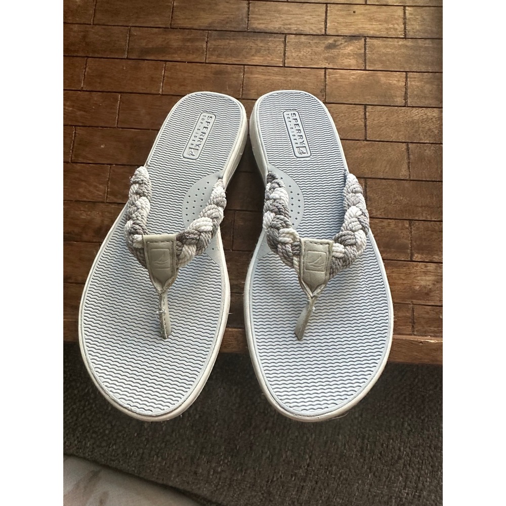 Sperry Top-Sider Women Braided Rope Flip Flop Sandals Gray White Size 8.5 EUC